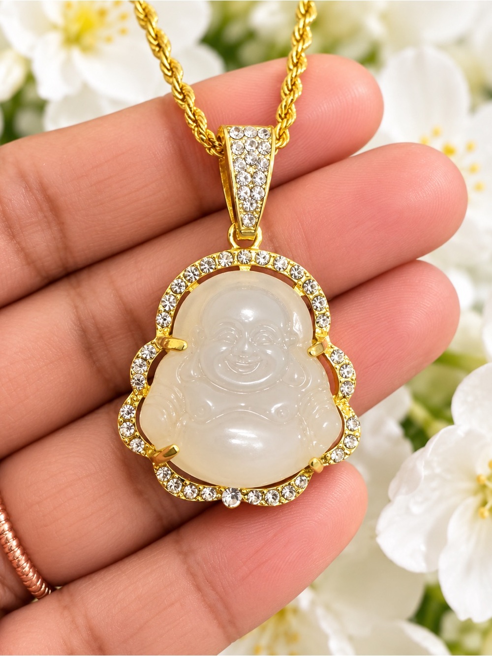 Gold-Plated White Jade Laughing Buddha Pendant Necklace